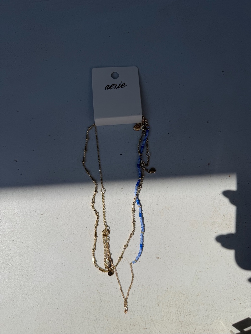 aerie Gold Layered Necklace with Blue Bead Strand